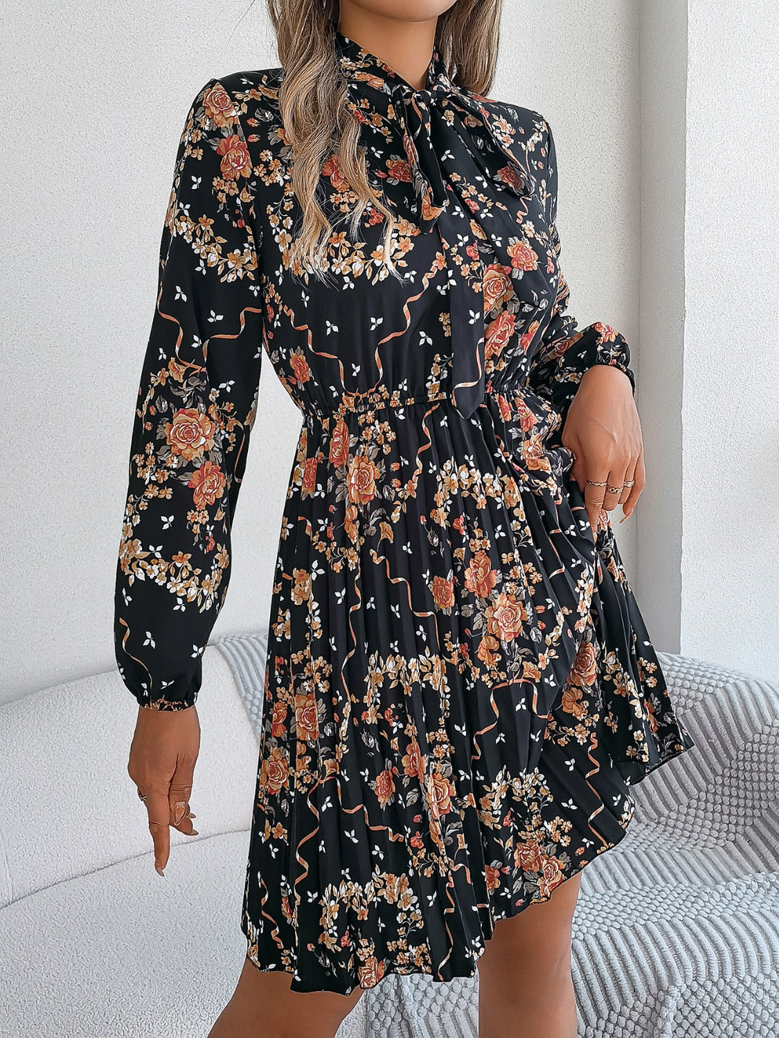 Pleated Printed Tie Neck Long Sleeve Mini Dress