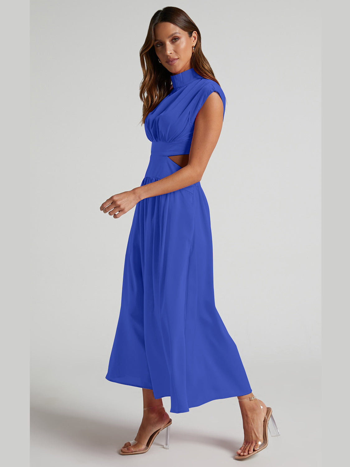 Cutout Mock Neck Sleeveless Ruched Maxi Dress