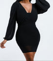 Lux Mesh V Neck Bubble Sleeve Bodycon Dress