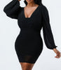 Lux Mesh V Neck Bubble Sleeve Bodycon Dress