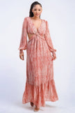 Printed V Neck Self Belted Side Cut Out Ruffled Maxi Dress