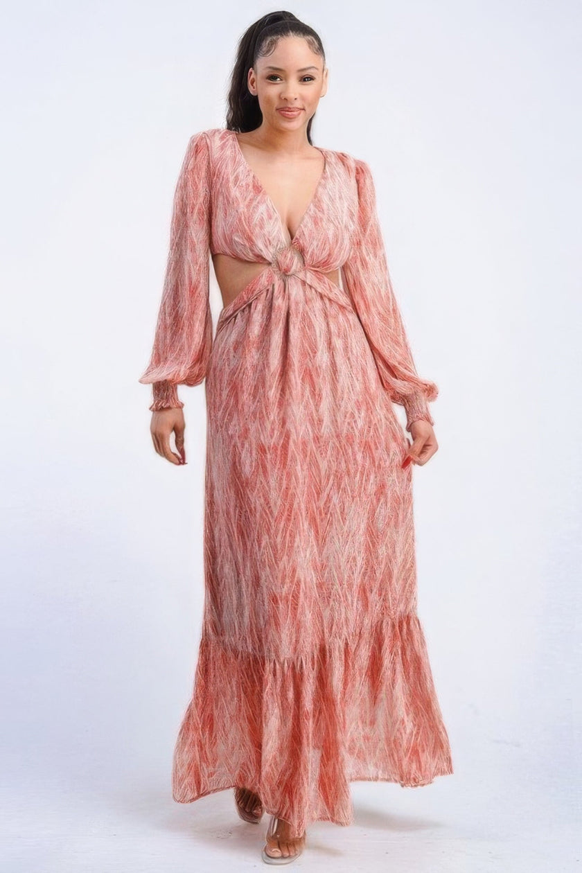 Printed V Neck Self Belted Side Cut Out Ruffled Maxi Dress