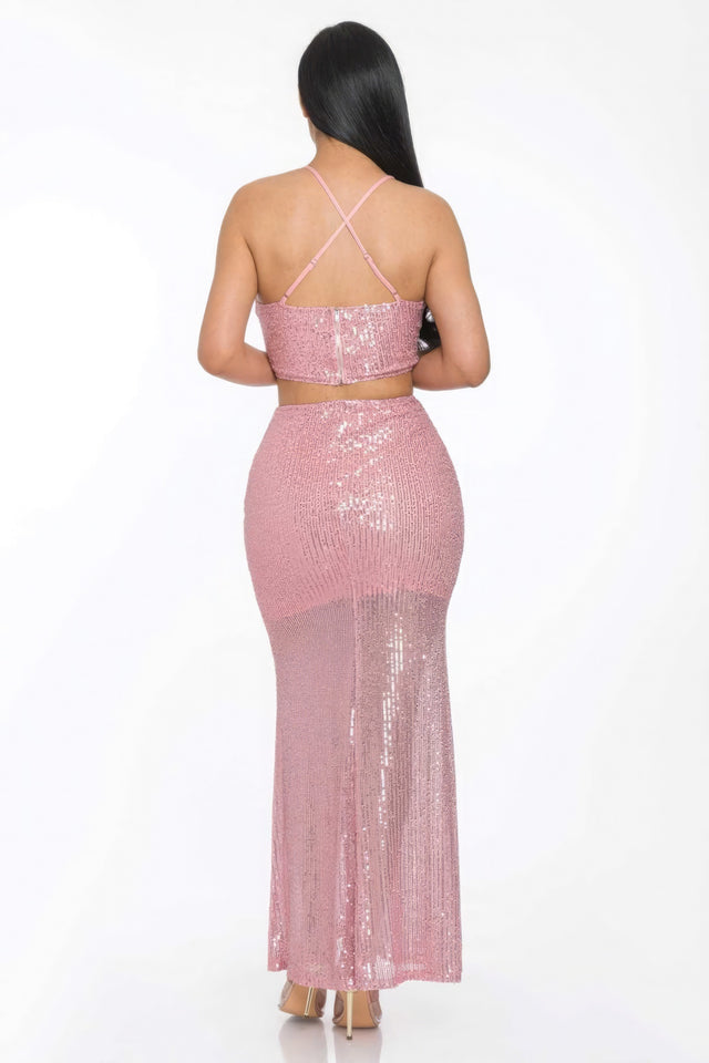 Sexy Back Sequin Maxi Skirt Set