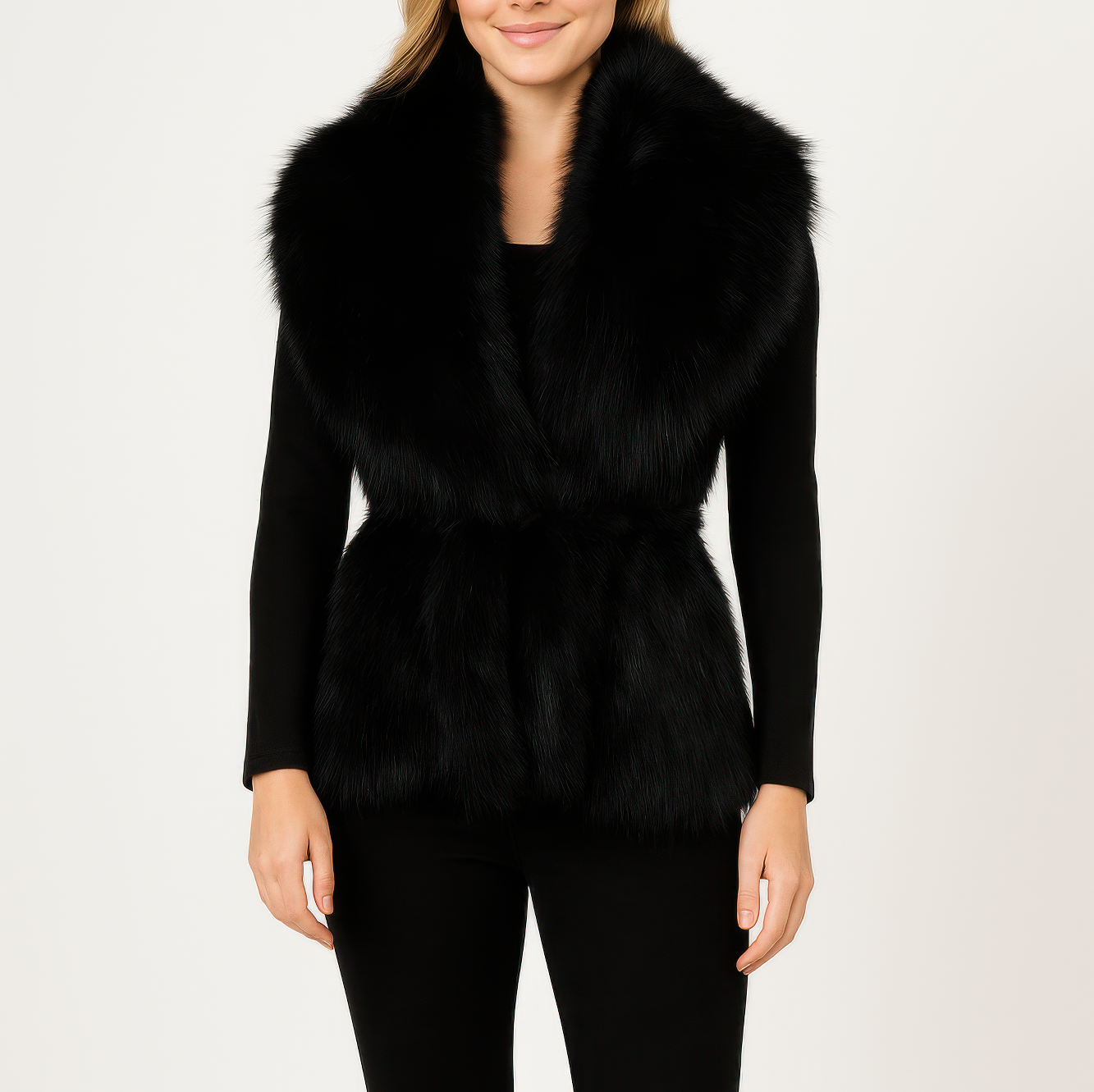 Black Sleeveless Faux Fur Vest With Cinched Waist