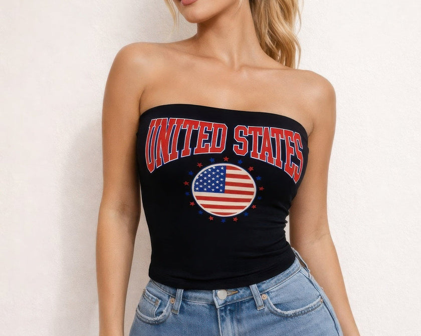 Patriotic Usa Graphic Strapless Stretch Tube Top