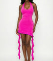 Solid Deep V Neck Mini Dress With Ruffle