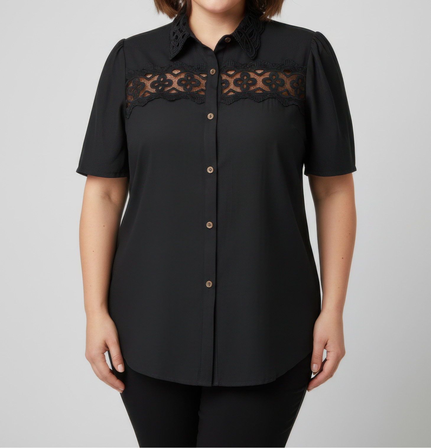 Lace Panel Button-front Collared Blouse