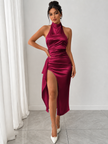 Halter Neck High Slit Satin Dress
