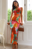 Split Crisscross Back Printed Plunge Maxi Dress