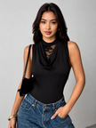 Lace Panel Cowl Neck Sleeveless Bodysuit