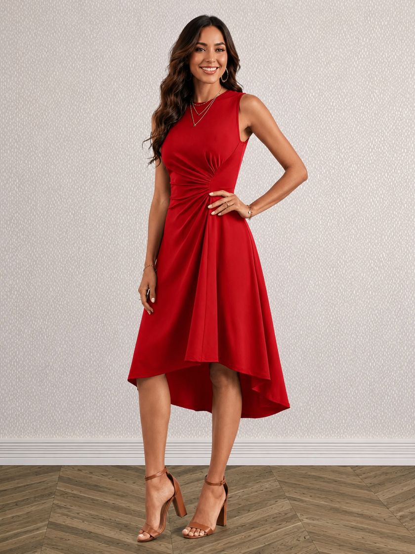 Ruched Round Neck Sleeveless Dress