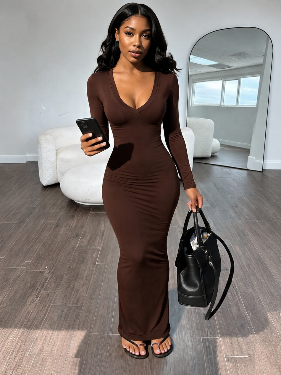 Long Sleeve V-Neck Ruched Maxi Dress