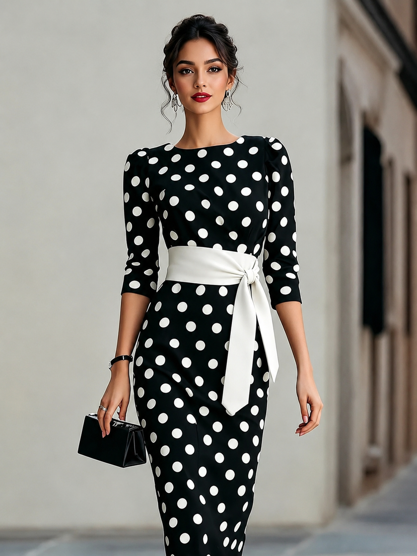 Full Size Polka Dot 3/4 Sleeve Dress Plus Size