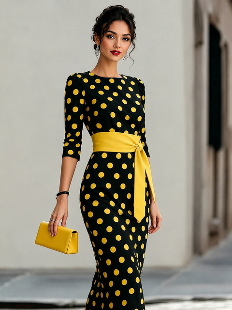 Full Size Polka Dot 3/4 Sleeve Dress Plus Size