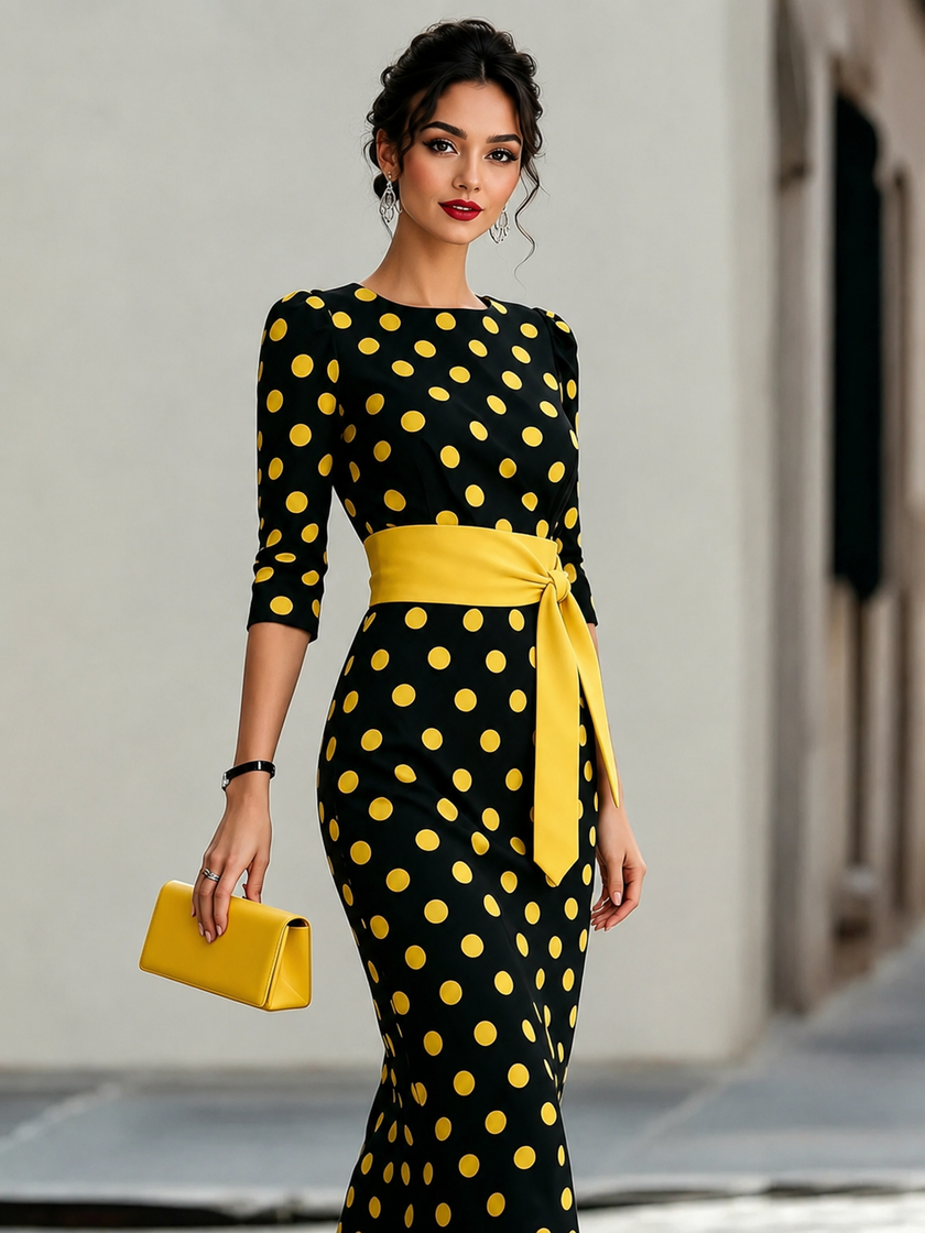 Full Size Polka Dot 3/4 Sleeve Dress Plus Size