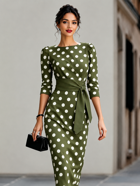 Full Size Polka Dot 3/4 Sleeve Dress Plus Size
