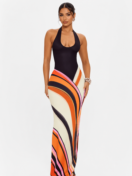 Halter Neck Maxi Dress with Abstract Print