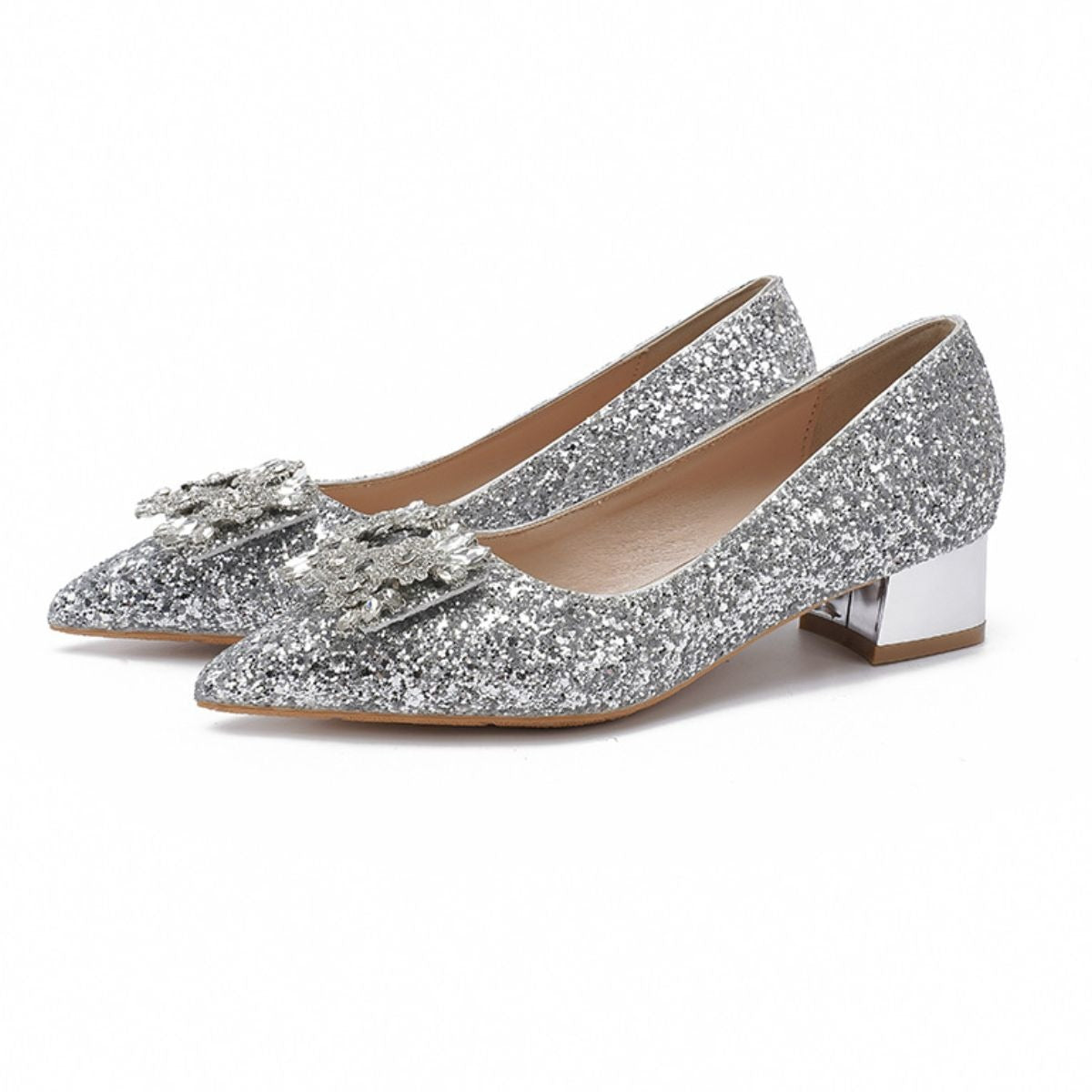 Glitter Point Toe Block Heel Pumps