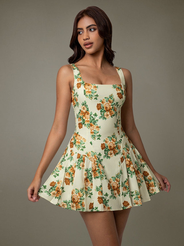 Floral Sleeveless Mini Pleated Dress