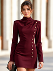 Full Size Decorative Button Mock Neck Mini Dress Plus Size