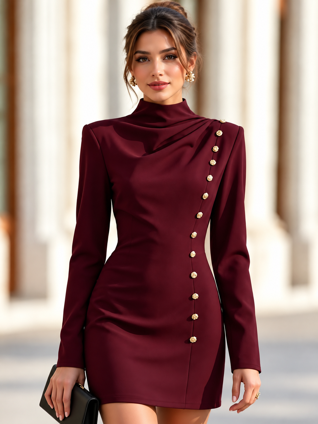 Full Size Decorative Button Mock Neck Mini Dress Plus Size