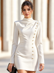 Full Size Decorative Button Mock Neck Mini Dress Plus Size