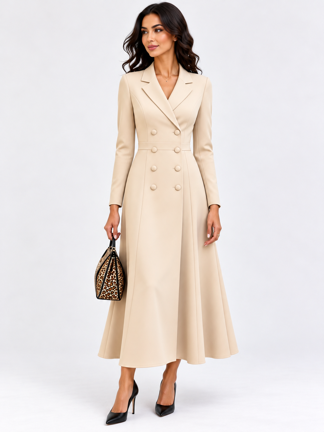 Double-Breasted Lapel Collar Midi Dress
