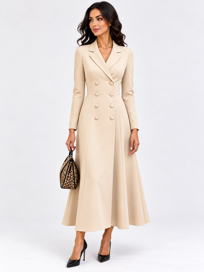 Double-Breasted Lapel Collar Midi Dress