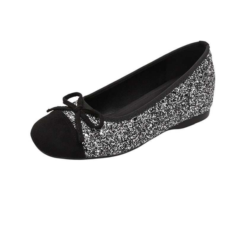 Bow Contrast Sequin Round Toe Slip-Ons