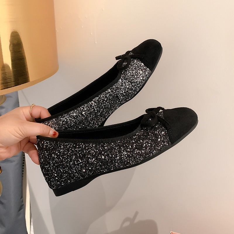 Bow Contrast Sequin Round Toe Slip-Ons