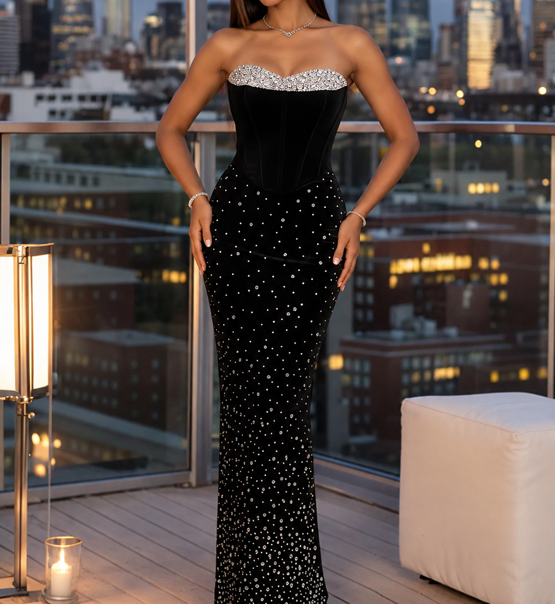 Rhinestone Slit Back Tube Maxi Dress