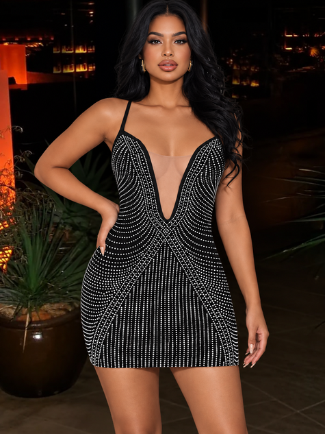 Rhinestone Spaghetti Strap Mini Dress