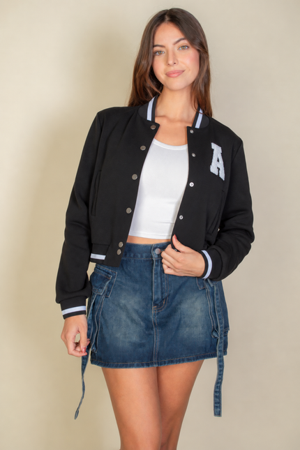 Ezwear Letter Patched Crop Varsity Jacket
