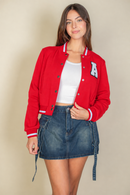 Ezwear Letter Patched Crop Varsity Jacket