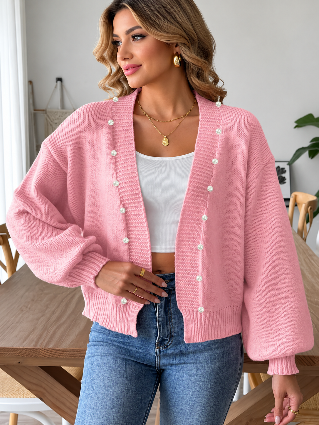 Pearl Open Front Long Sleeve Cardigan