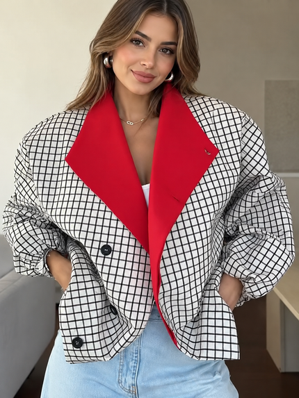 Contrast Lapel Plaid Casual Jacket