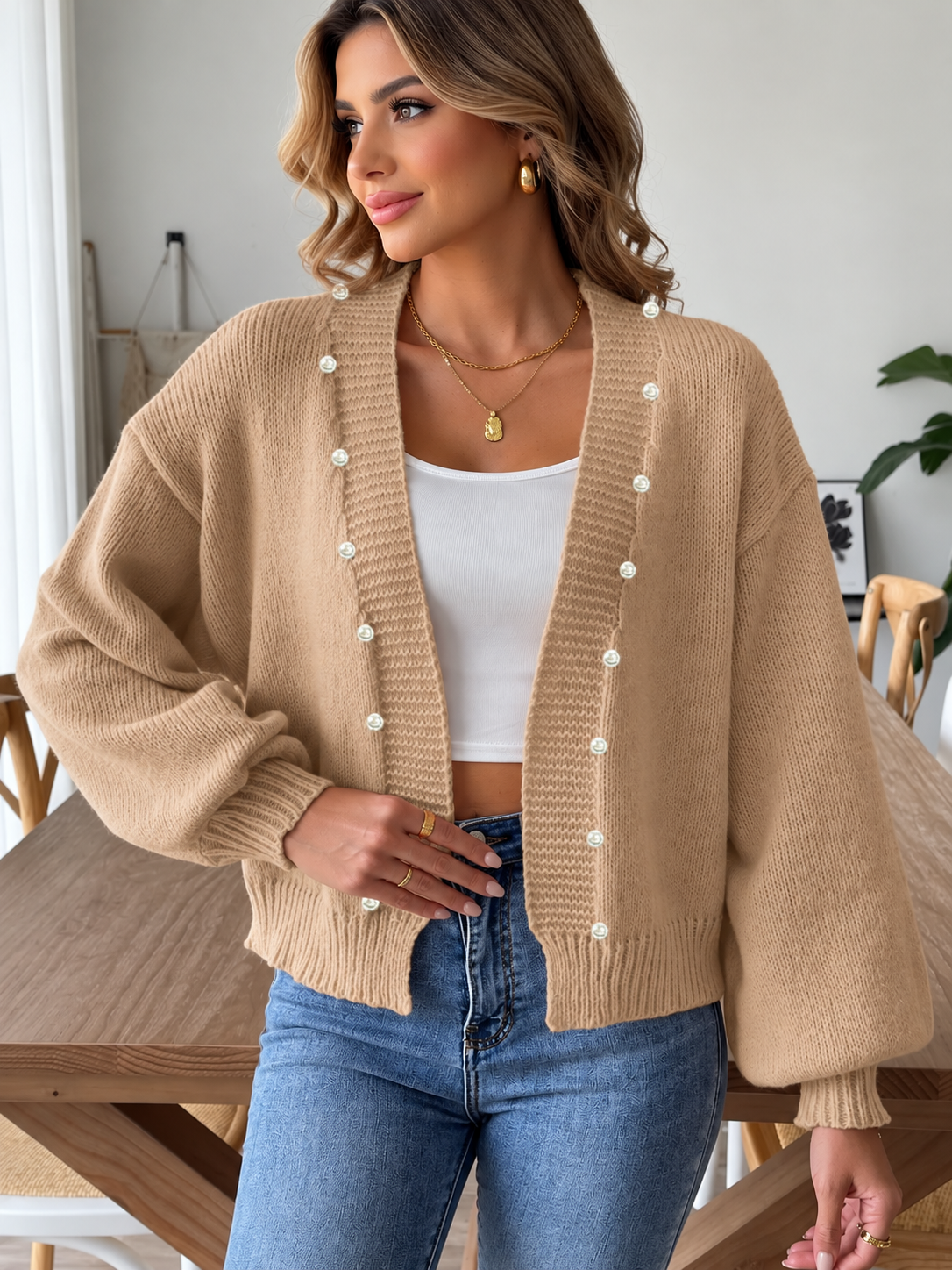 Pearl Open Front Long Sleeve Cardigan