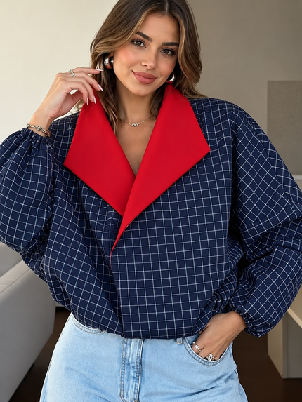 Contrast Lapel Plaid Casual Jacket