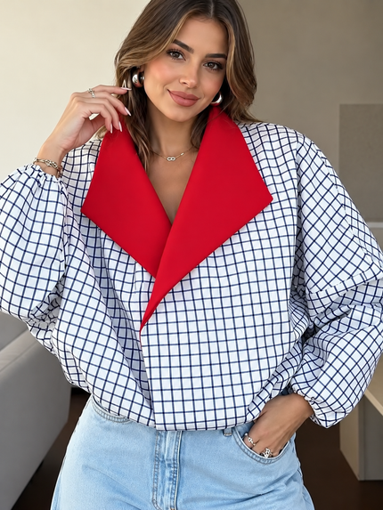 Contrast Lapel Plaid Casual Jacket