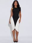 Two-Tone Sleeveless Ruched Midi Dress