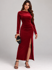 Ruched Velvet Long Sleeve Slit Dress