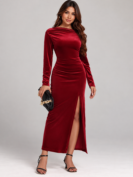 Ruched Velvet Long Sleeve Slit Dress