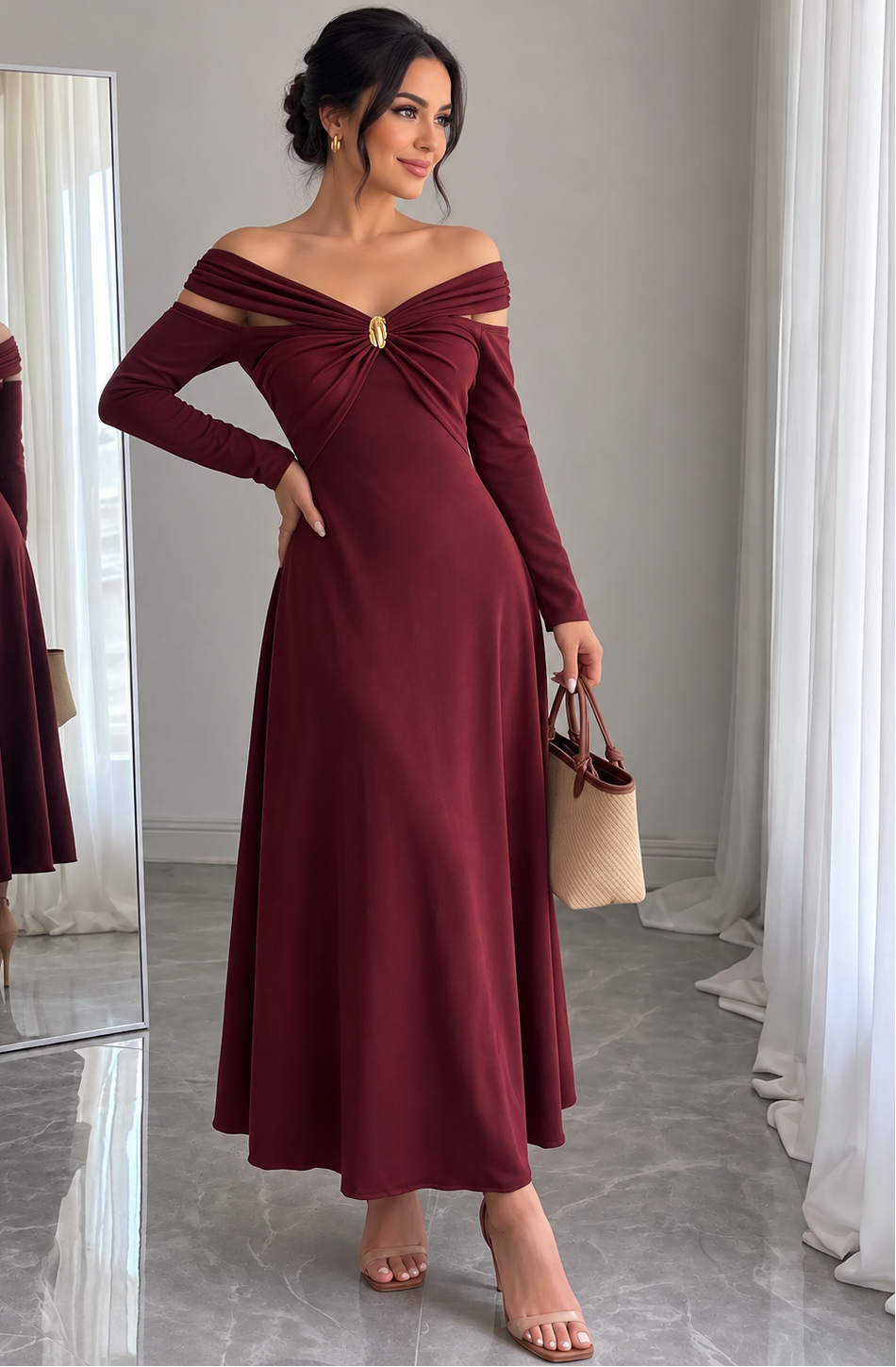 Off-Shoulder Long-Sleeve Maxi Dress