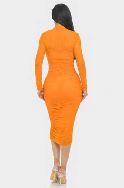 Solid Mesh Ruched Midi Dress