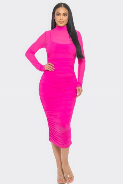 Solid Mesh Ruched Midi Dress