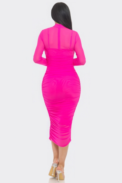 Solid Mesh Ruched Midi Dress