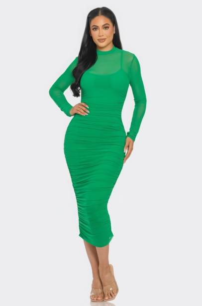 Solid Mesh Ruched Midi Dress