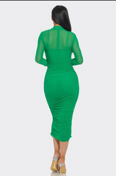 Solid Mesh Ruched Midi Dress