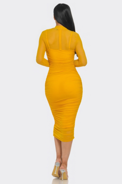 Solid Mesh Ruched Midi Dress