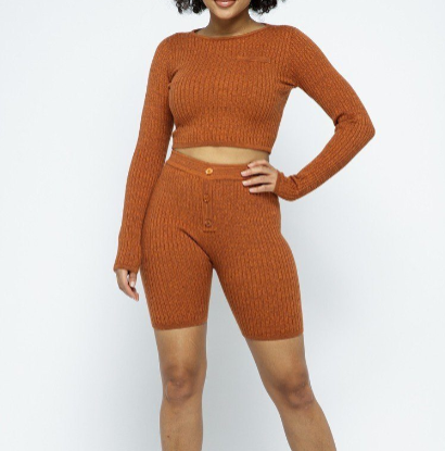 Knit Long Sleeve Cropped Top & Biker Shorts Set